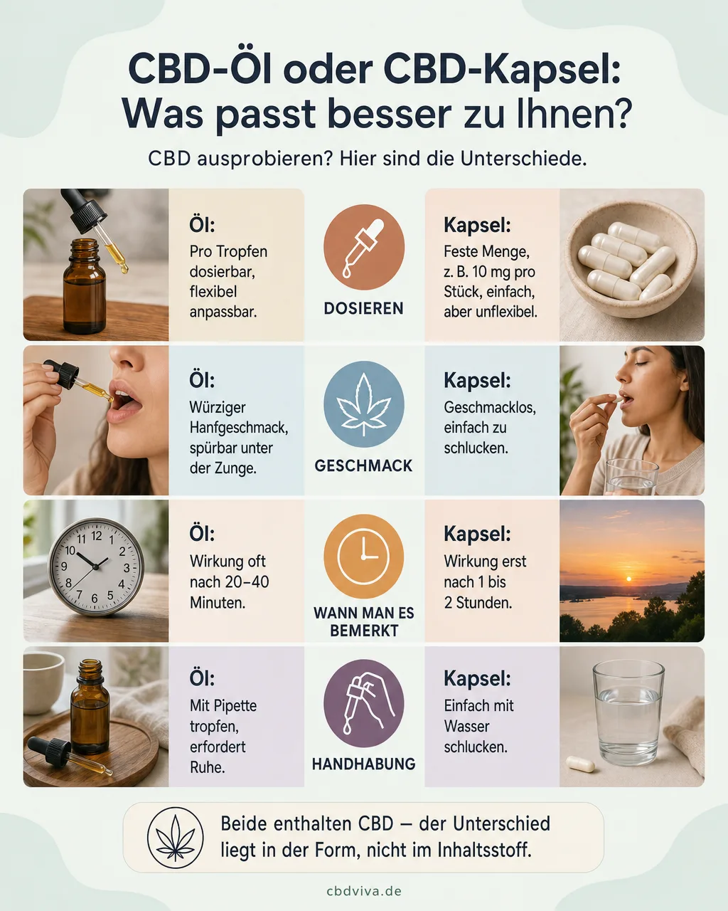 Vergleich zwischen CBD-Öl und CBD-Kapsel in vier Punkten