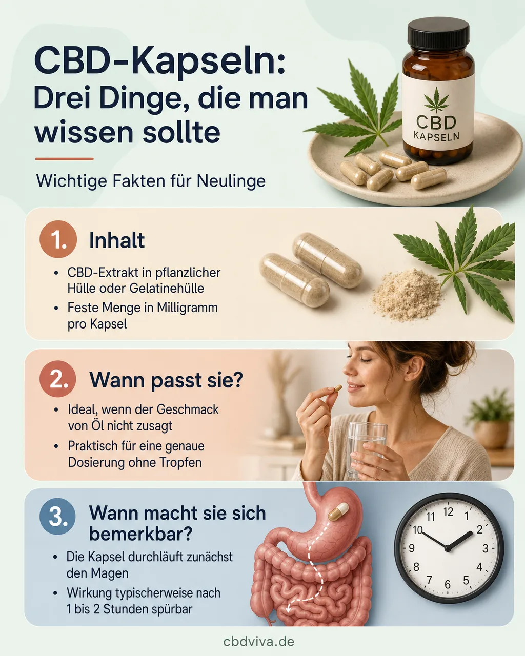 CBD-Kapseln in drei Fakten, Inhalt, wann sie passen, wann sie sich bemerkbar machen