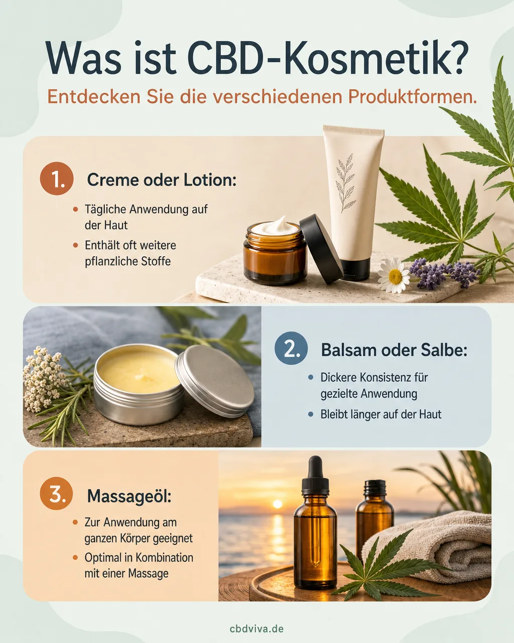 CBD-Kosmetik in drei Produktformen, Creme, Balsam, Massageöl