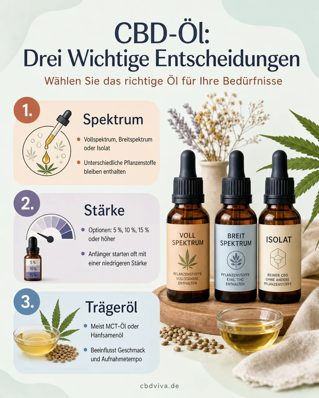 CBD-Öl in drei Entscheidungen, Spektrum, Stärke und Trägeröl